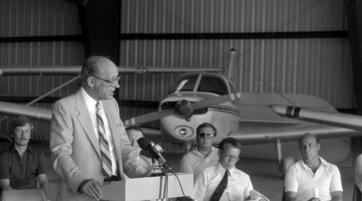Speaker at EKU aviation program, black and white photo.