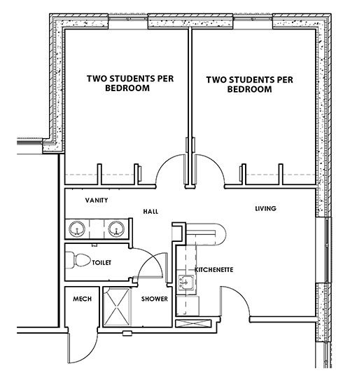 Floor plan 1 for South Hall at EKU, two bedrooms.