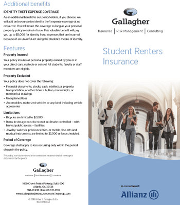 Gallagher Insurance brochure cover, covering additional benefits and features of student renters insurance.