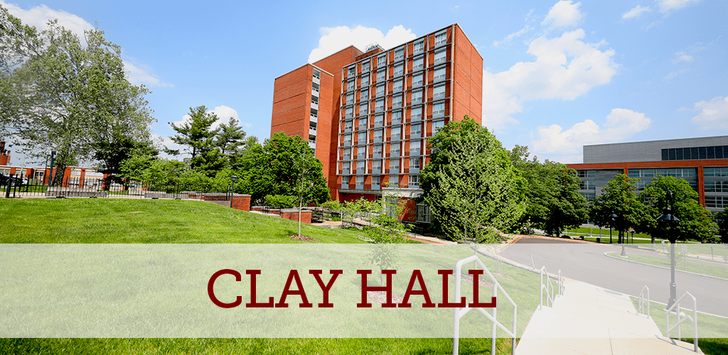 An image of Clay Hall at EKU, with the text "Clay Hall".