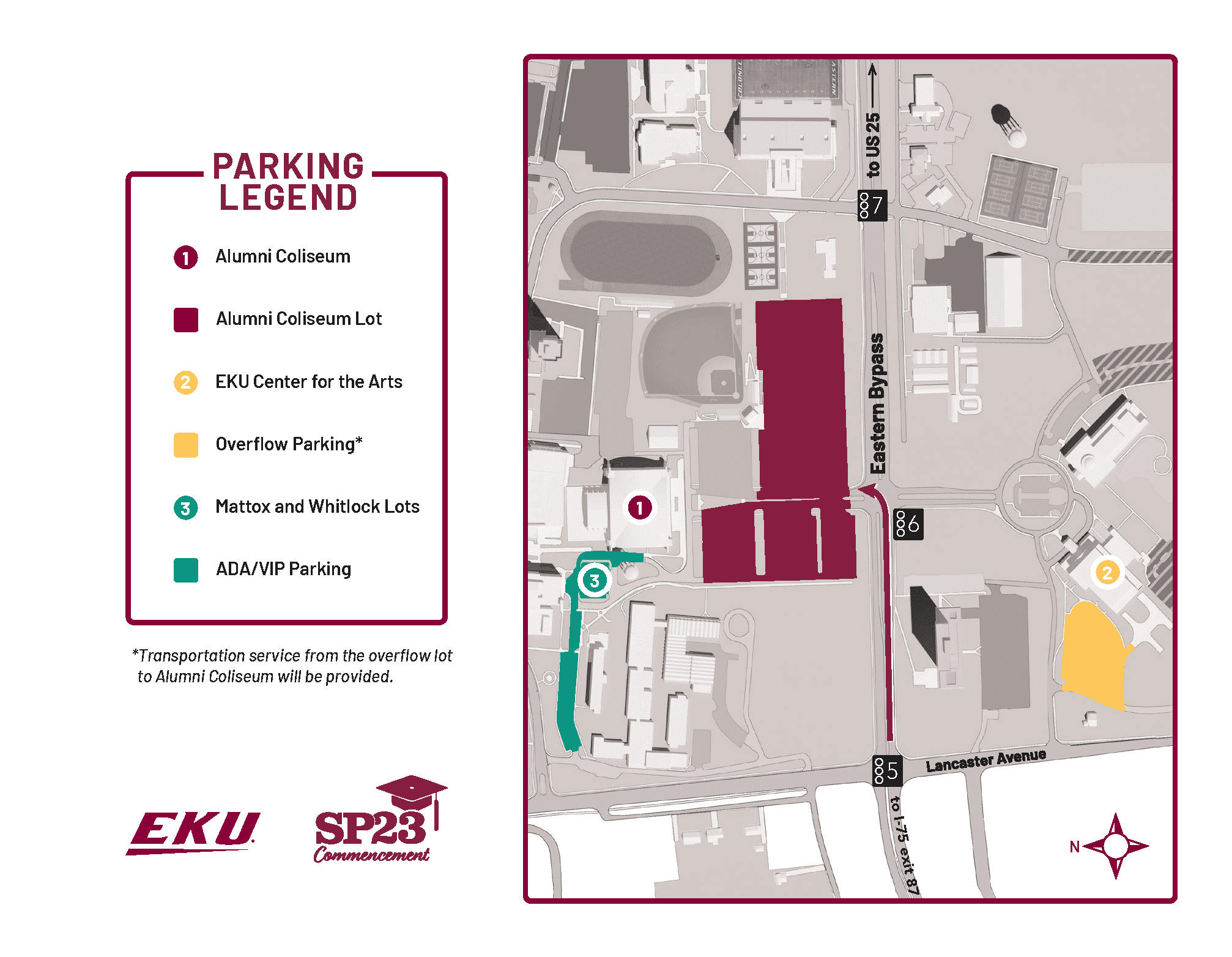 An image of the Eastern Kentucky University graduation parking map, with a parking legend saying "Alumni Coliseum", "Alumni Coliseum Lot", "EKU Center for the Arts", "Overflow Parking", "Mattox and Whitlock Lots", and "ADA/VIP Parking".
