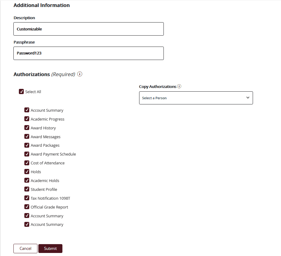 A screenshot of Eastern Kentucky University's Web-4-Parent server, showing the additional information portion of the proxy form.
