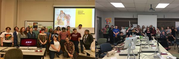 Collage of two images, both of Graphic Design Association standing in groups at the front of classrooms.