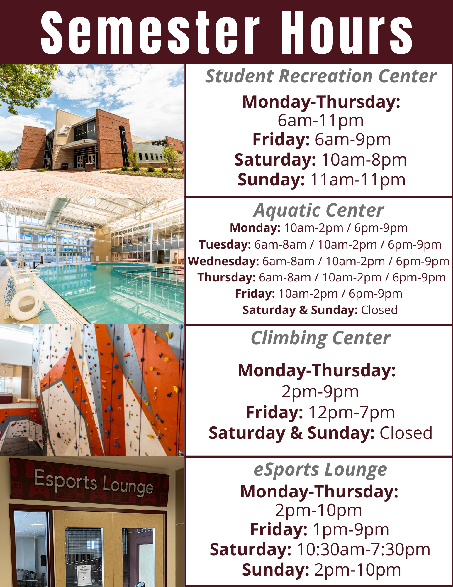 Campus Recreation facilities hours of operation graphic