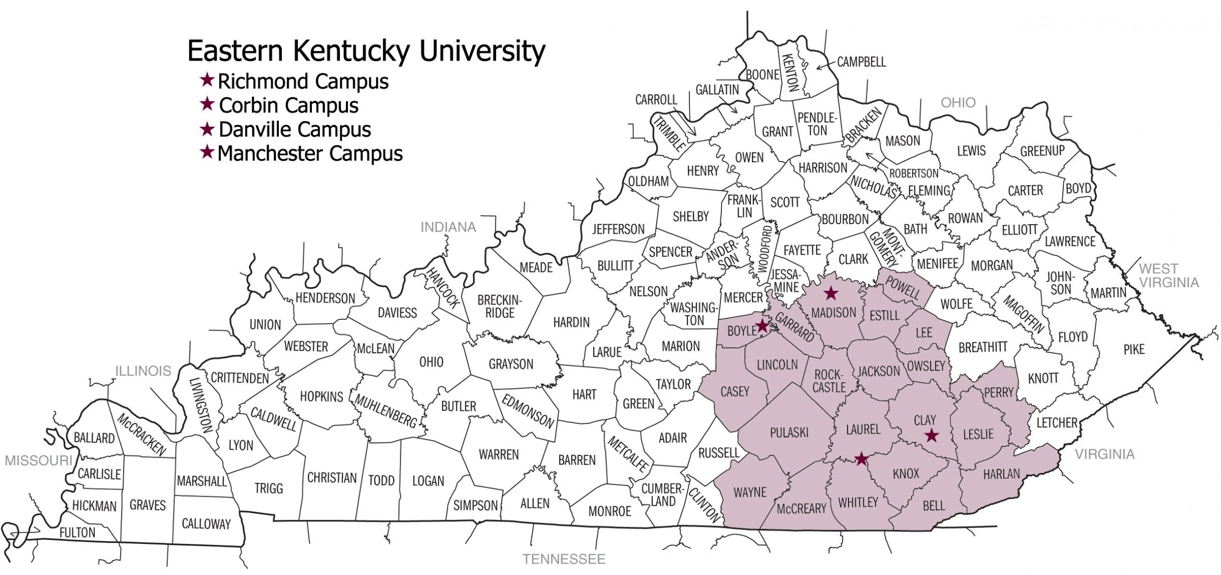 A map of Kentucky with EKU's service regions highlighted.