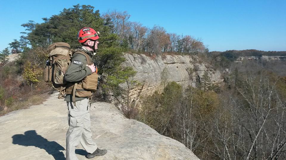 Ryan Hunter, '15, on duty as a wilderness Paramedic with the Red River Gorge Special Treatment, Access and Rescue Team (RedSTAR). Ryan is also a Flight Paramedic in the Kentucky Army National Guard, and a Firefighter/Paramedic for Montgomery County, KY Fire/EMS.