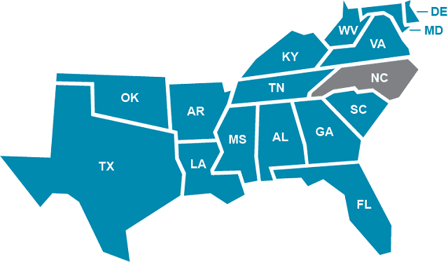 A map of participating states in the Academic Common Market, coordinated by the Southern Regional Education Board.