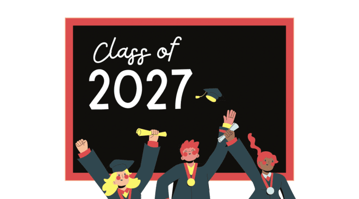 A drawing of graduating students in front of a blackboard with "Class of 2027" written on it.