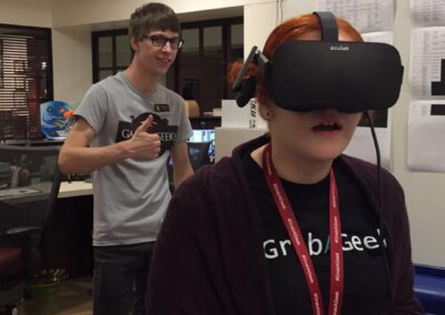 A student wears a VR headset