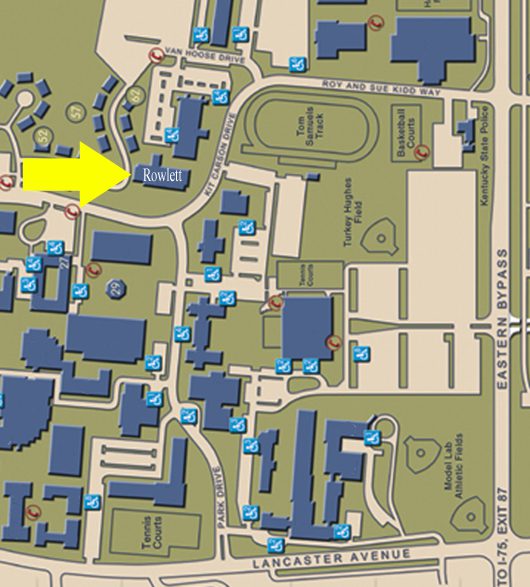A map pointing out the Rowlett building at Eastern Kentucky University, where Student Health Services is located.
