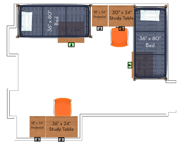 Floor plan of Burnam Hall at EKU, two beds.
