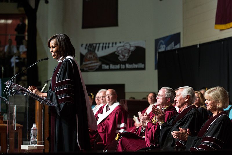 First Lady Michelle Obama at the podium during the 2013 EKU commencement address
