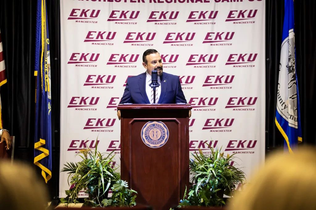 EKU President David McFaddin speaks at a podium