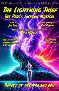 The Lightning Thief: The Percy Jackson Musical Poster - Performing Feb. 28 - March 2 Colorful imagines of lightning and boy with backpack facing lightning storm