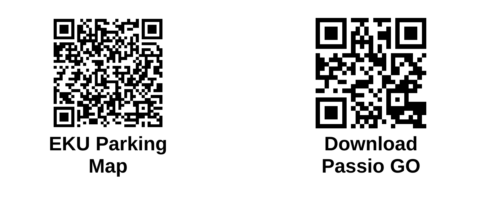 QR codes you can scan to access the Eastern Kentucky University Parking Map on the left and to download the Passio GO app on the right.