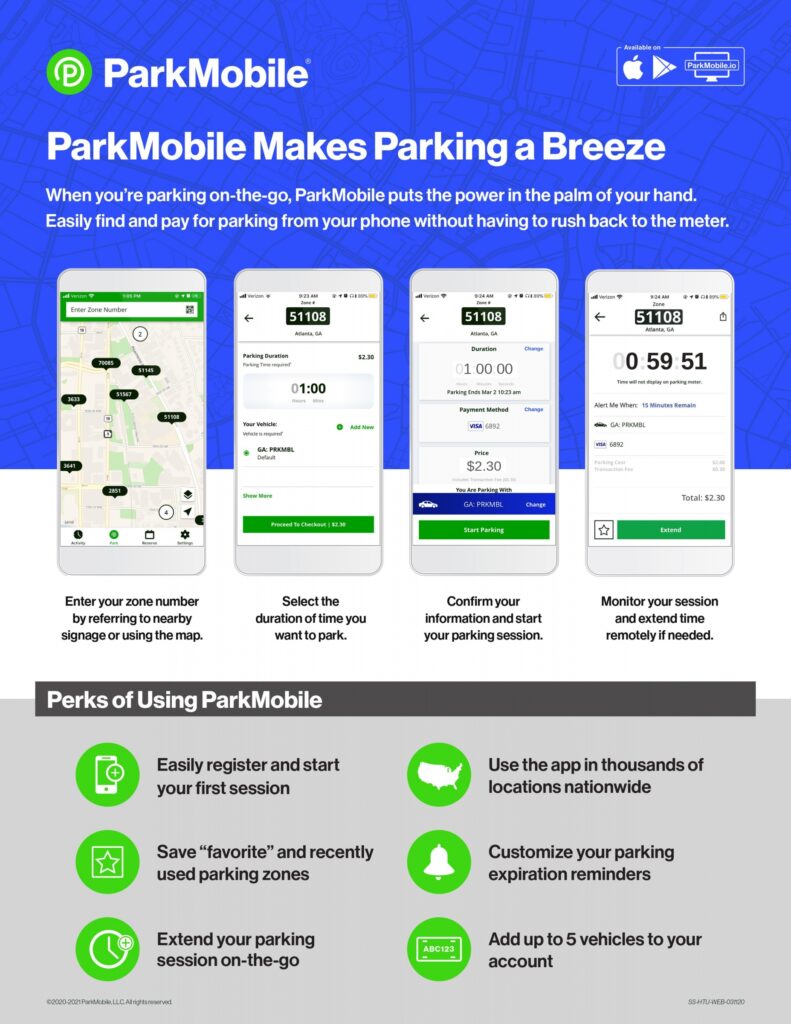 ParkMobile infographic with how-to steps and perks of using the app.