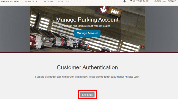 An image highlighting the Login button for Eastern Kentucky University's Parking Portal website, under Manage Parking Account.