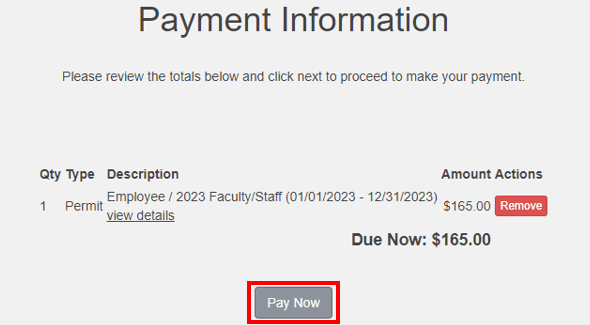 An image highlighting the Pay Now button on the Payment Information page on Eastern Kentucky University's Parking Portal website.