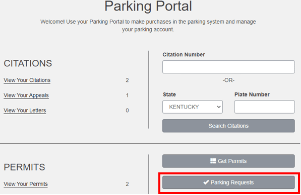 An image highlighting the Parking Requests button on Eastern Kentucky University's Parking Portal website.