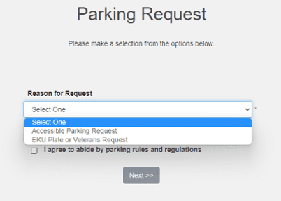 An image highlighting the Select One option on the Parking Request page of Eastern Kentucky University's Parking Portal website.