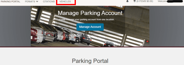 An image highlighting the Vehicles button on Eastern Kentucky University's Parking Portal website, under Manage Parking Account.
