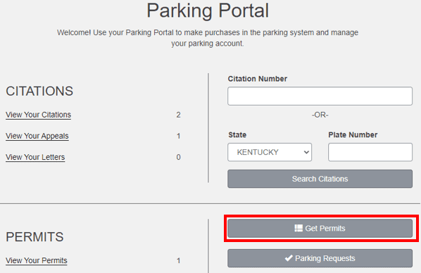 An image highlighting the Get Permits button on Eastern Kentucky University's Parking Portal website.