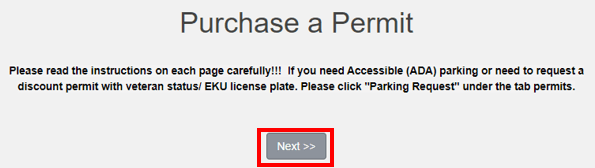 Am image highlighting the Next button on Eastern Kentucky University's Purchase a Permit page on the Parking Portal website.