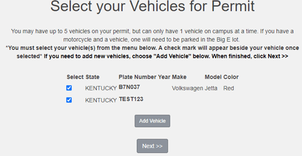 An image showing the Select your Vehicles for Permit page on Eastern Kentucky University's Parking Portal website.