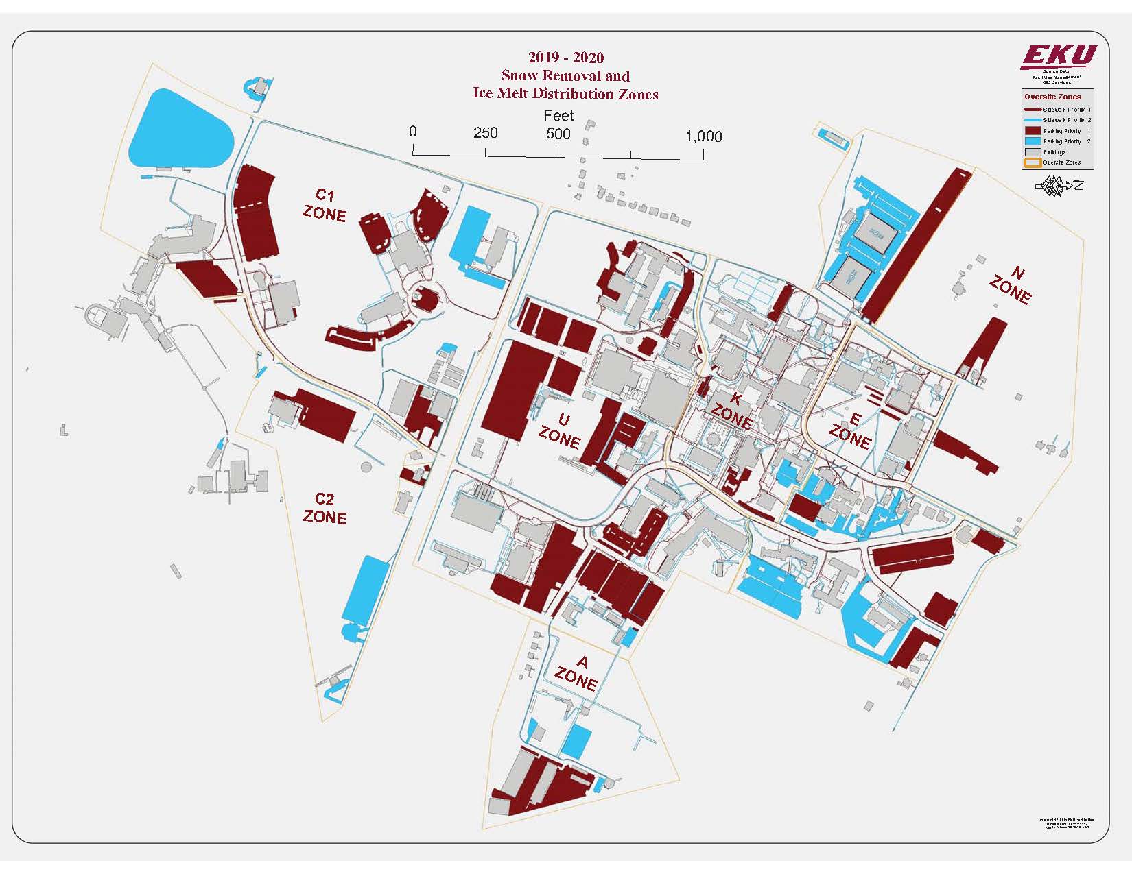 An image of the 2019 - 2020 snow removal and ice melt distribution plan at Eastern Kentucky University.