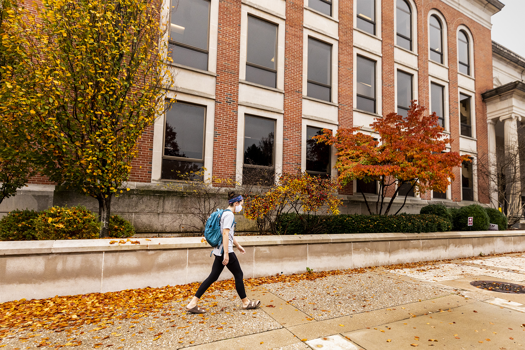Student walking along side of the library towards  sides entrance. Orange leaves