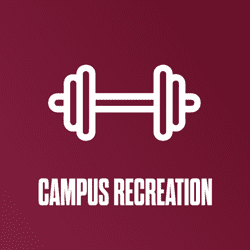 A maroon background with a white dumbbell, "Campus Recreation".