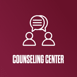 A maroon background with graphics of people with text boxes above their heads, "Counseling Center".