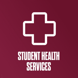 A maroon background with a white cross graphic, "Student Health Services".