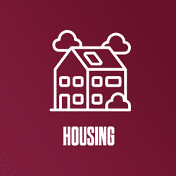 A maroon background with a white house graphic, "Housing".
