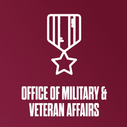 A maroon backgrouns with a white military badge graphic, "Office of Military and Veteran Affairs".