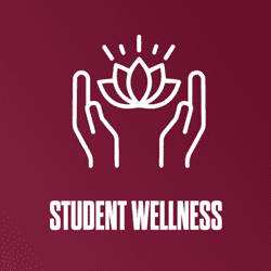 A maroon background with a graphic of white hands with a lotus flower, "Student Wellness".