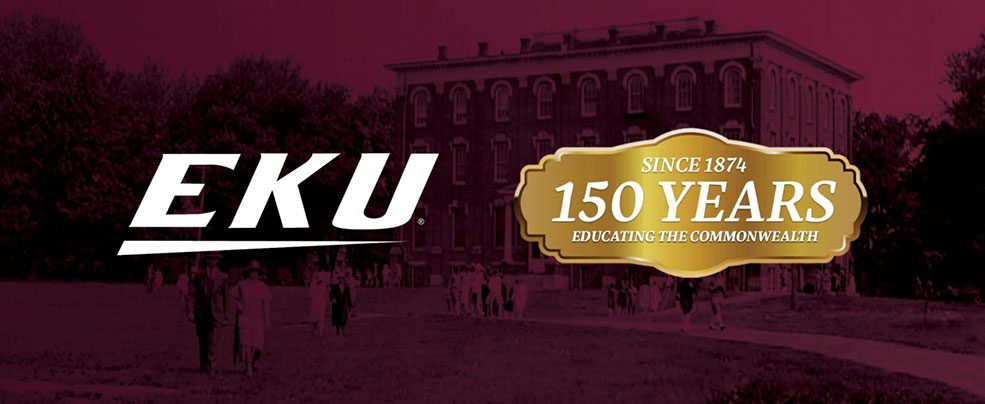 EKU and 150 years logo over historic photo of campus