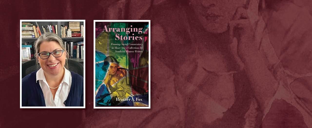 EKU English professor Heather Fox smiles next to an image of her book "Arranging Stories".