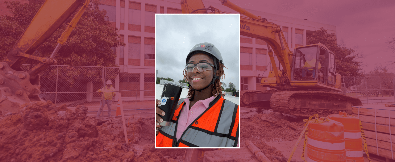photo of smiling Esther Sadiki in high visibility vest centered on construction background