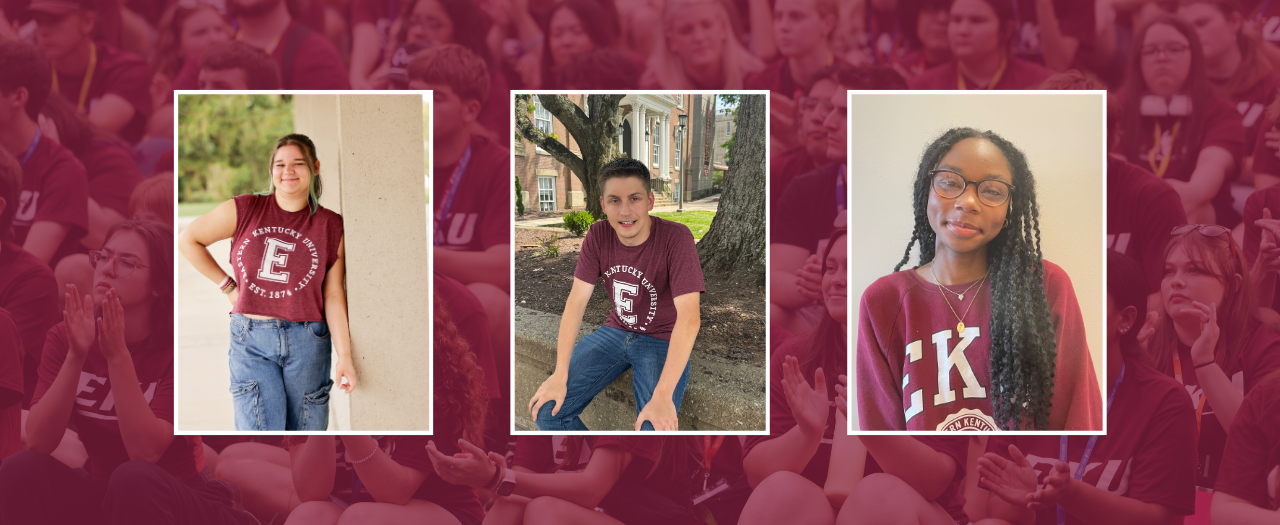 three photos of EKU students over a maroon toned background of a large group of students