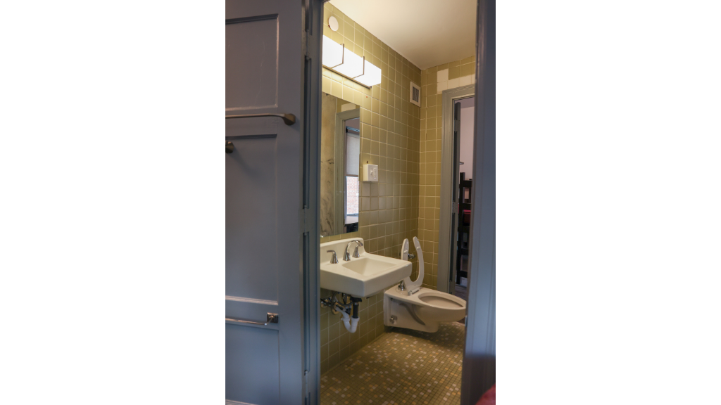 a suite bathroom showing the sink. mirror, lights, and toilet