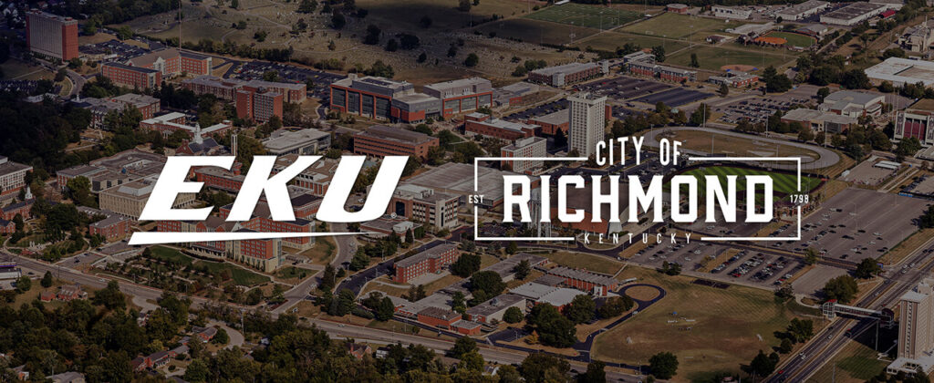 birds eye view of EKU with the EKU and City of Richmond logos overlayed in white
