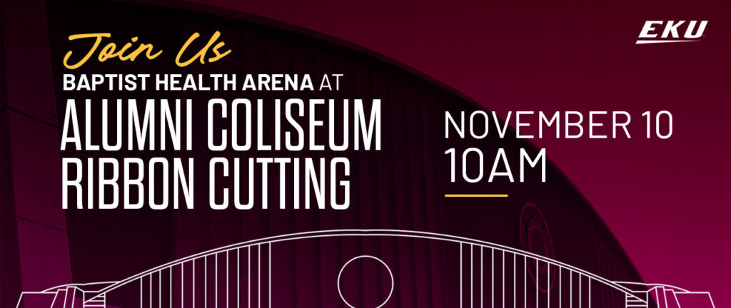 maroon background image of alumni coliseum with line drawing of the coliseum and overlay text saying Join Us Alumni Coliseum Ribbon Cutting November 10 10am