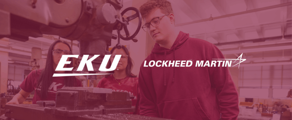 eku and lockheed martin logos in white over a maroon tinted image of students in a stem class