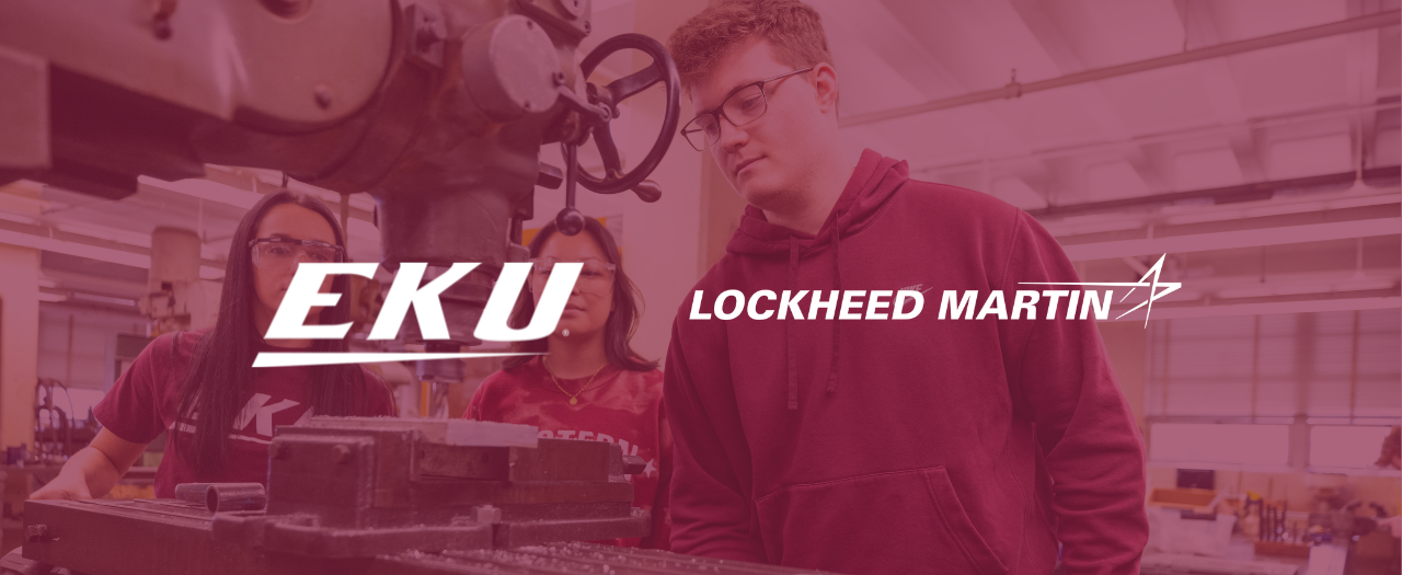 eku and lockheed martin logos in white over a maroon tinted image of students in a stem class