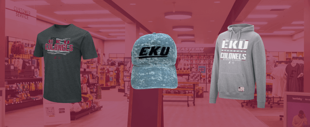 a short sleeve shirt, hat, and long sleeve shirt with EKU and Operation Hat Trick branding over a maroon toned bookstore image