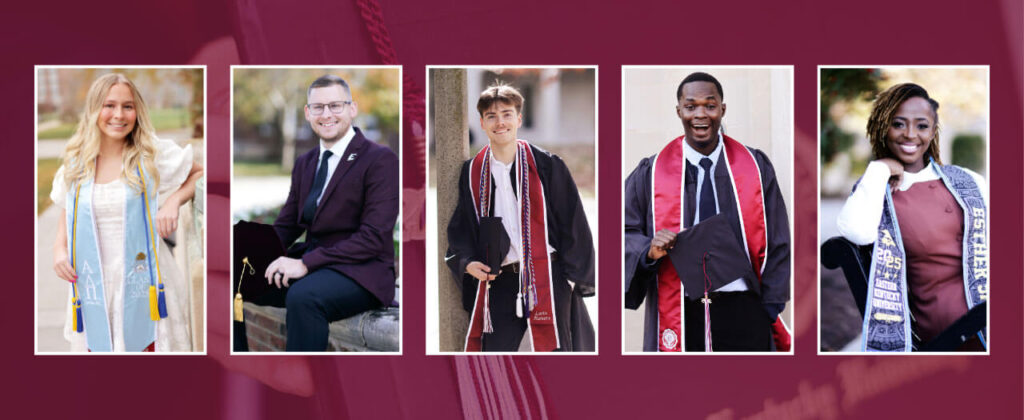 image of 5 graduates posing for professional photos in their regalia