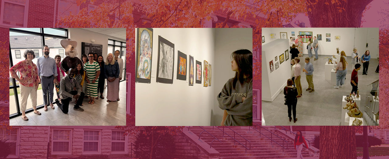 3 images on maroon background: 2 from student art show and one of social work faculty