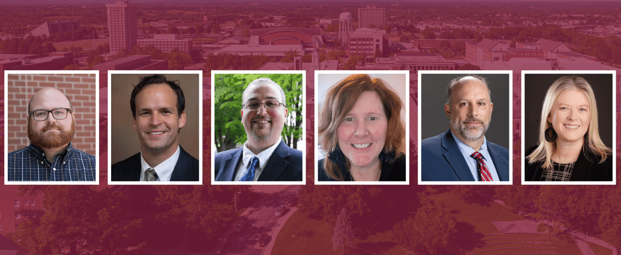 Professional headshots of EKU Faculty selected for Provost Faculty Internship Program on maroon background
