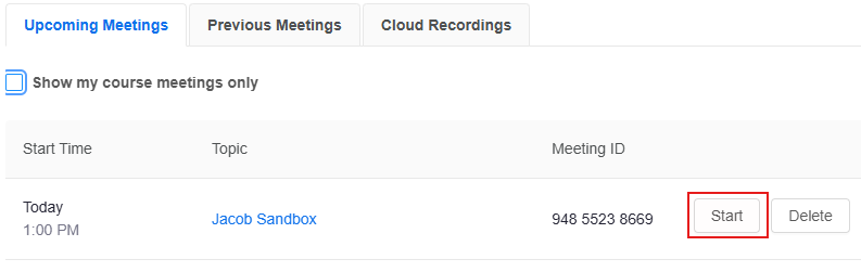 From the main Zoom page, you should see any meetings you have scheduled. To begin a meeting, simply click the “Start” button on the right side of the meeting you’d like to begin: